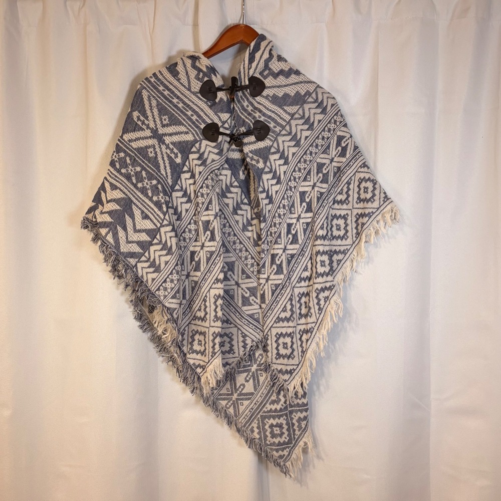 Blue Geometric Tribal Hooded Poncho Wrap with Toggle Closure and Fringe Trim